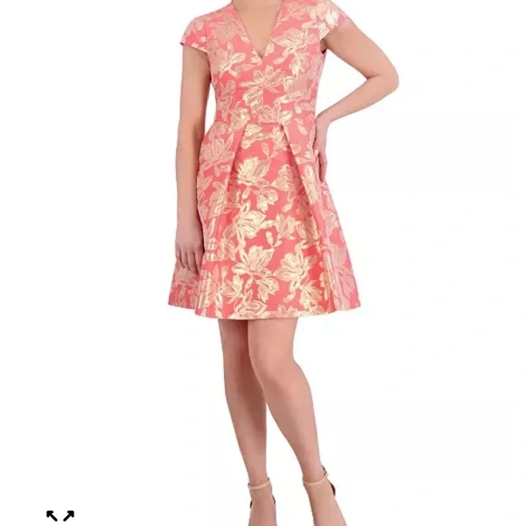 Vince Camuto Coral and Gold Jacquard Rose Floral Dress - Picture 1 of 6